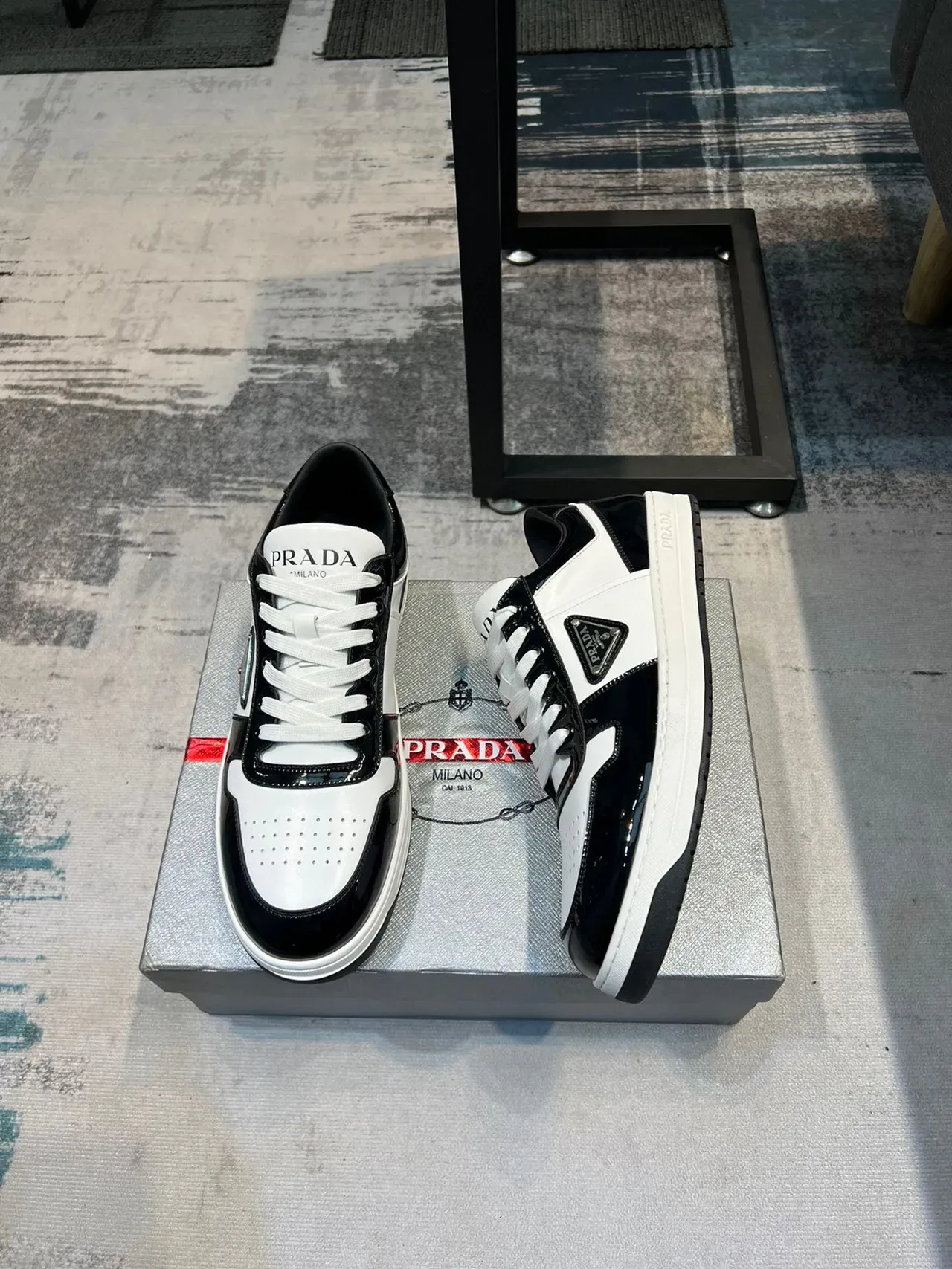 Prada Black White Glossy Patent Matte Perforated Leather Lifestyle Sneakers 5