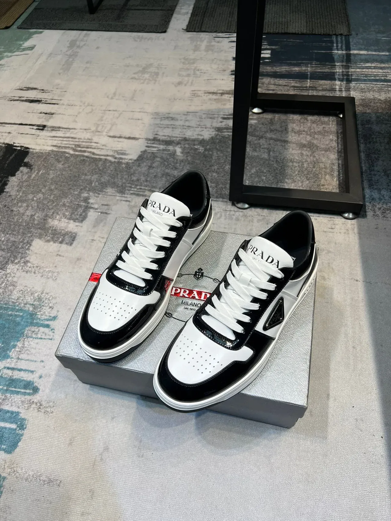 Prada Black White Glossy Patent Matte Perforated Leather Lifestyle Sneakers 6