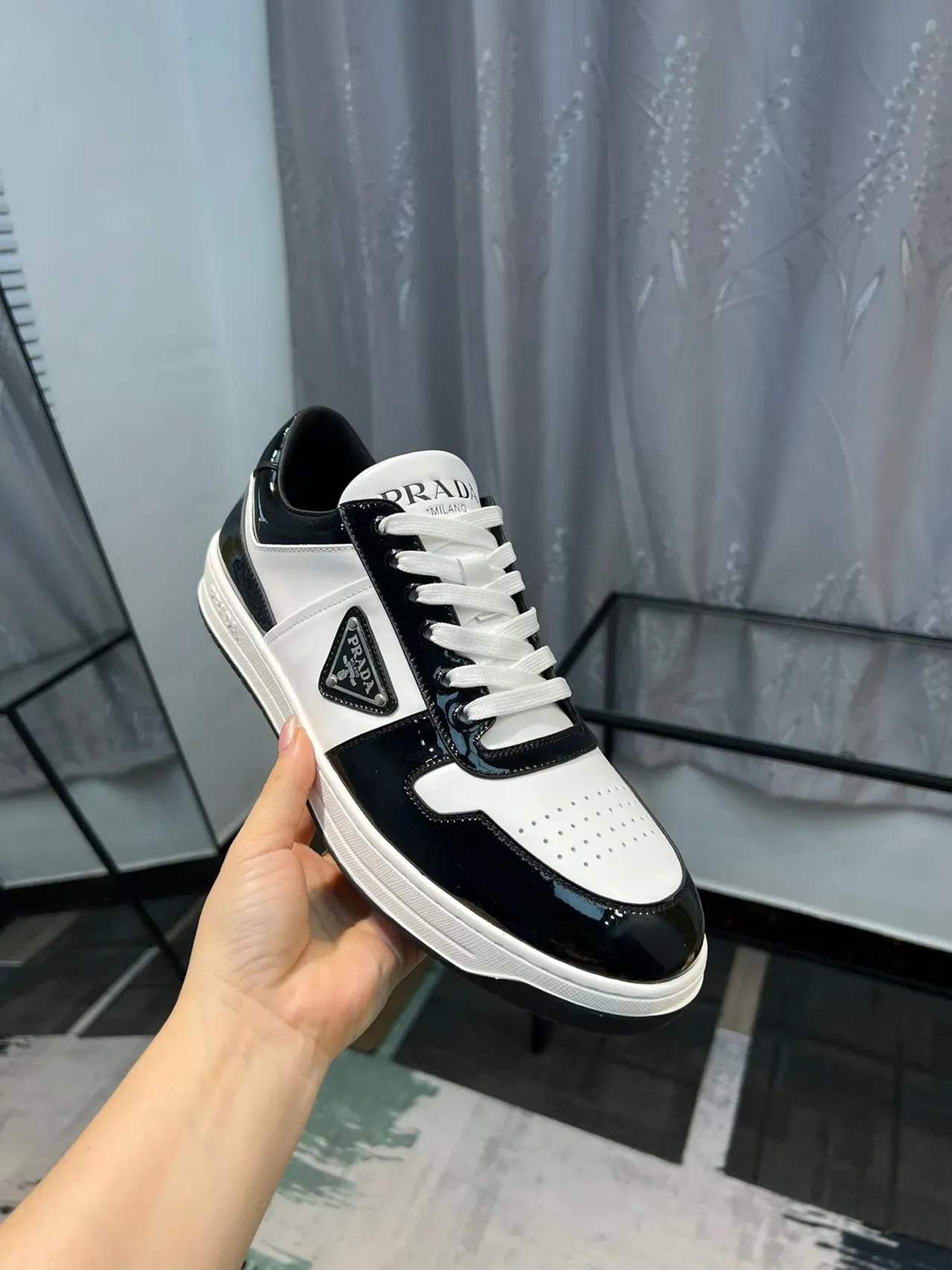 Prada Black White Glossy Patent Matte Perforated Leather Lifestyle Sneakers 7