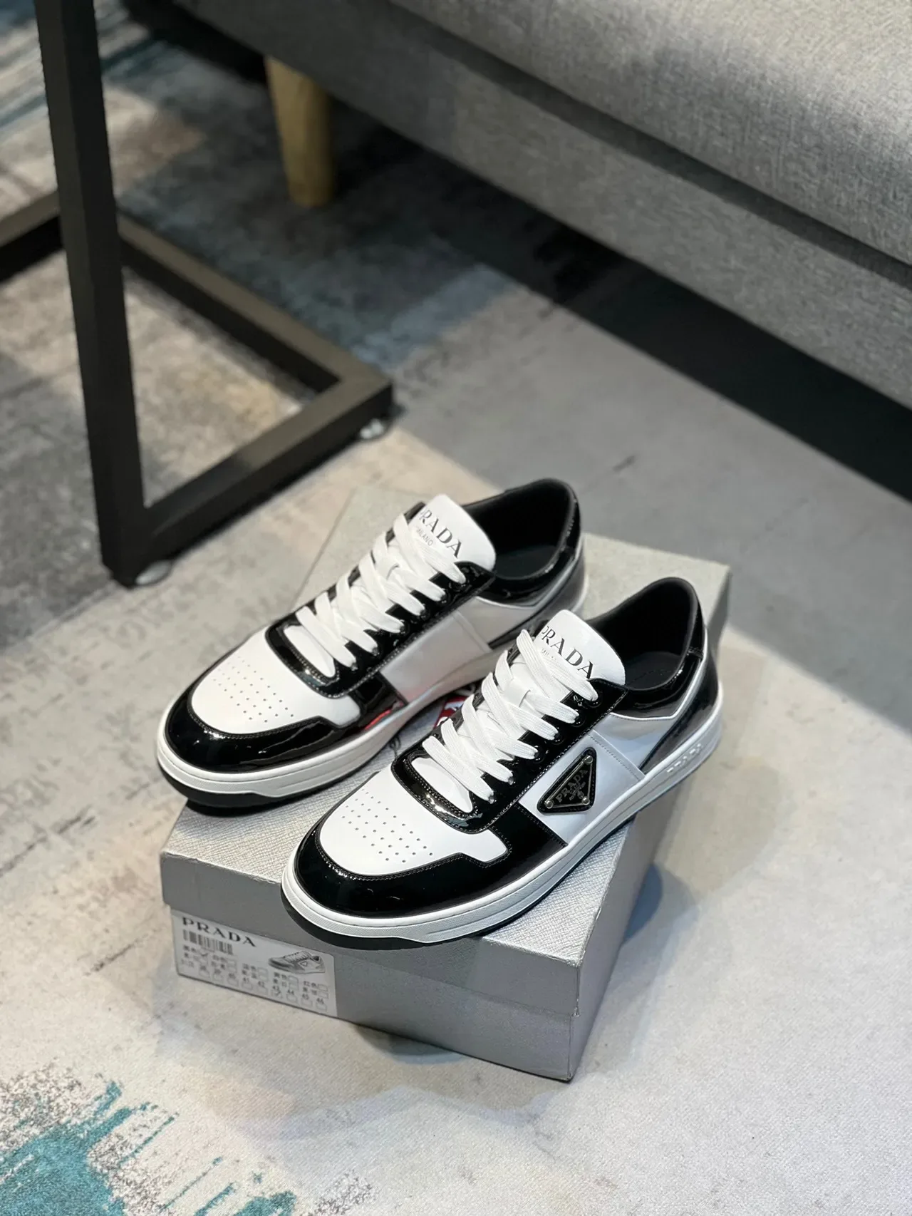 Prada Black White Glossy Patent Matte Perforated Leather Lifestyle Sneakers 8