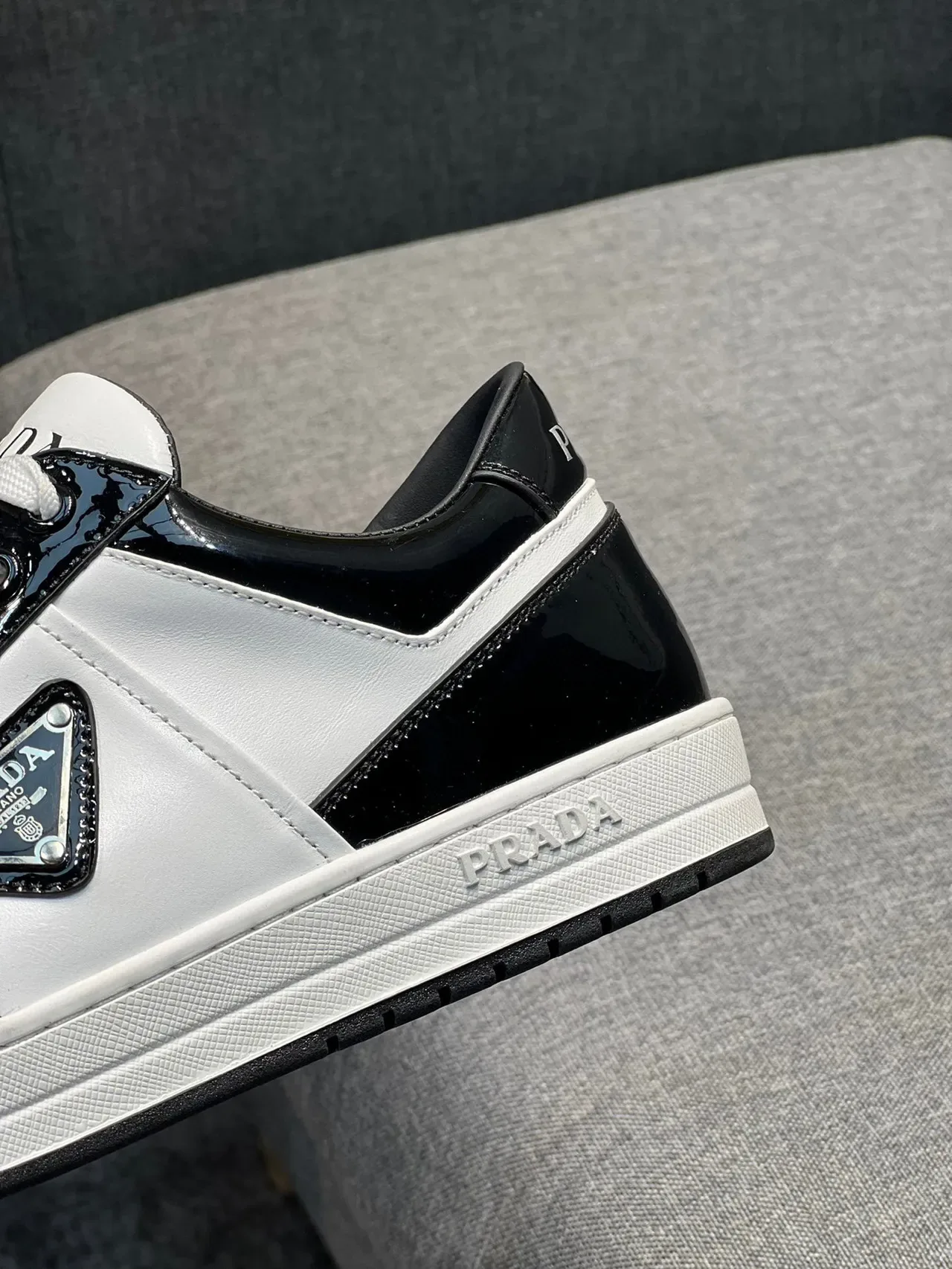 Prada Black White Glossy Patent Matte Perforated Leather Lifestyle Sneakers 9