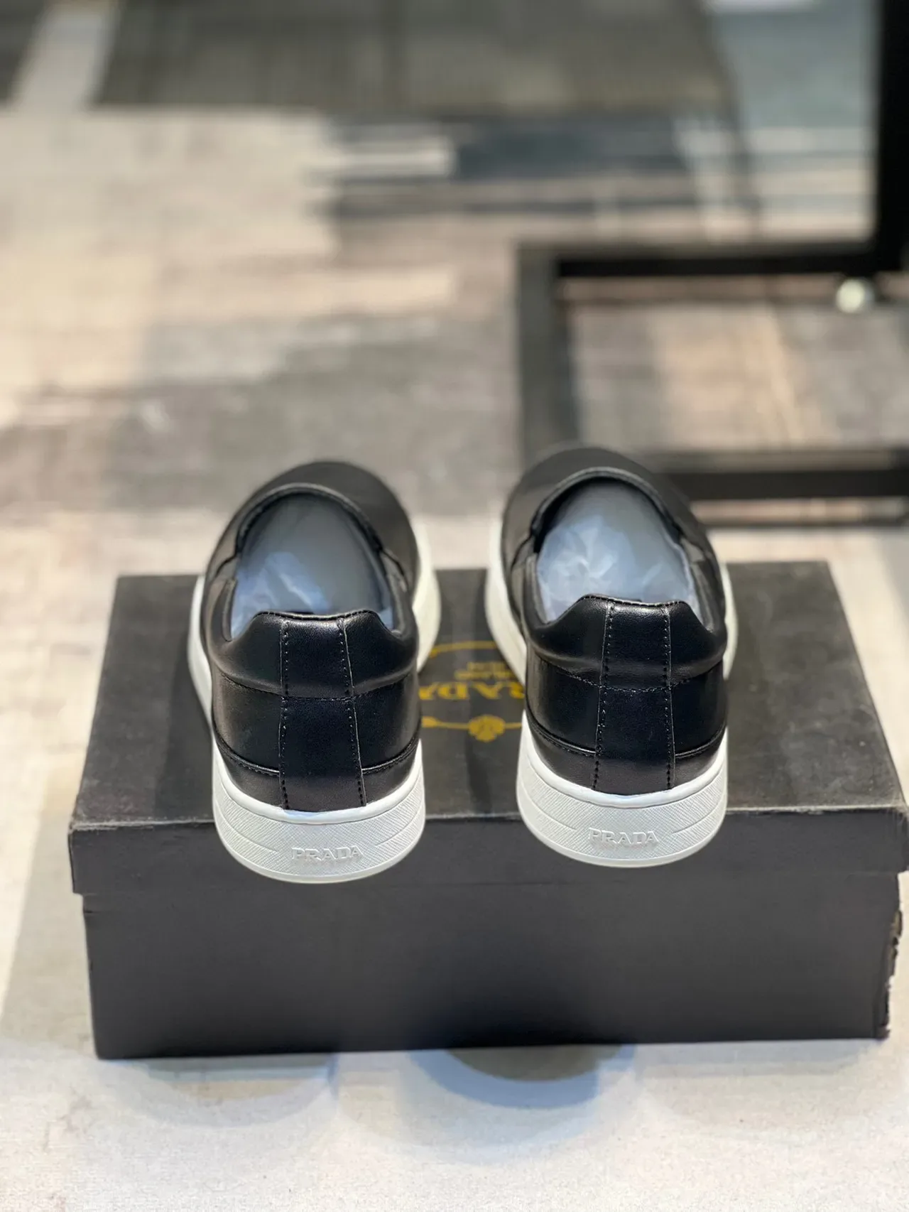 Prada Black White Leather Slip-On Embossed Logo Loafer 2