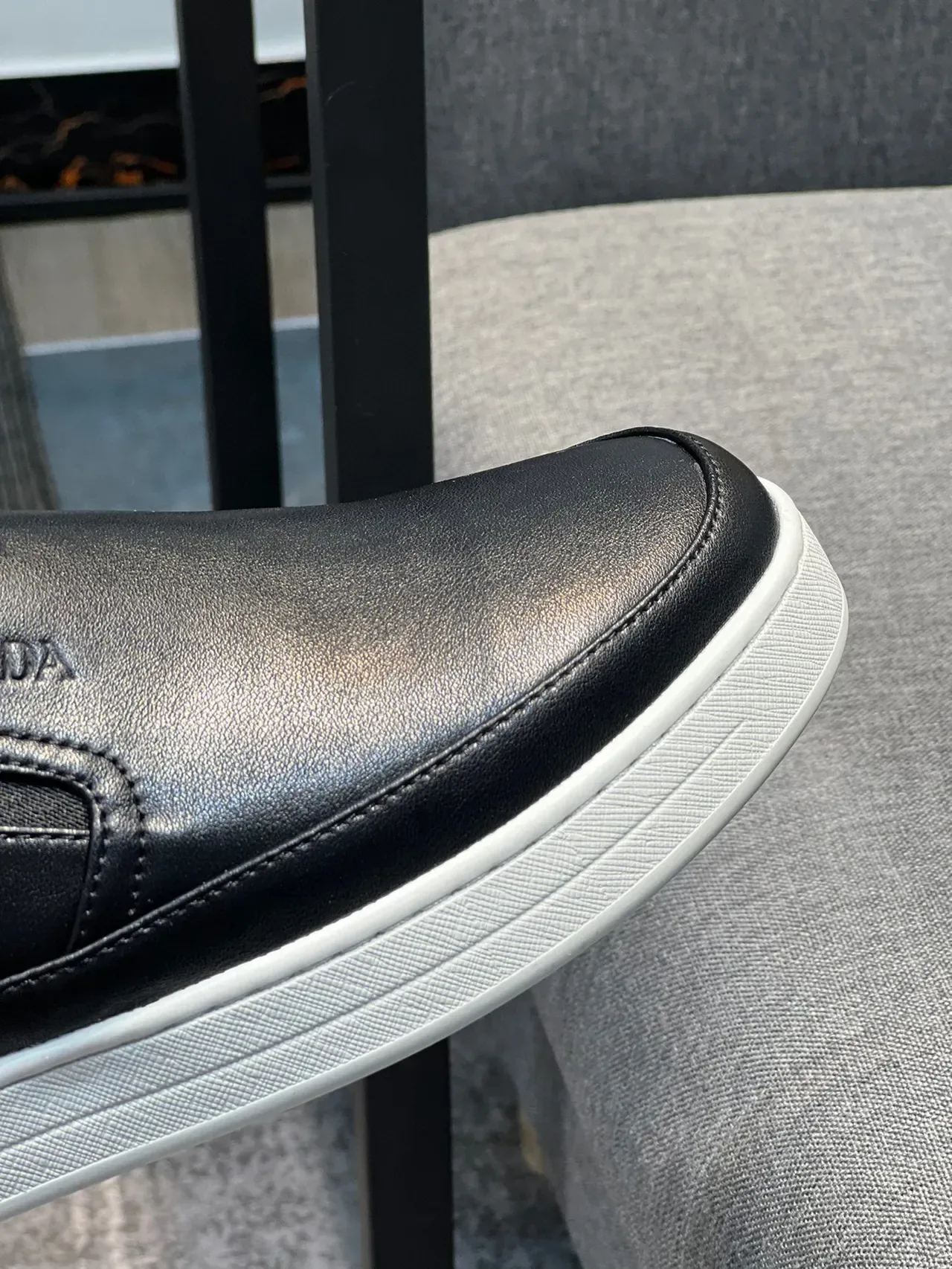 Prada Black White Leather Slip-On Embossed Logo Loafer 3