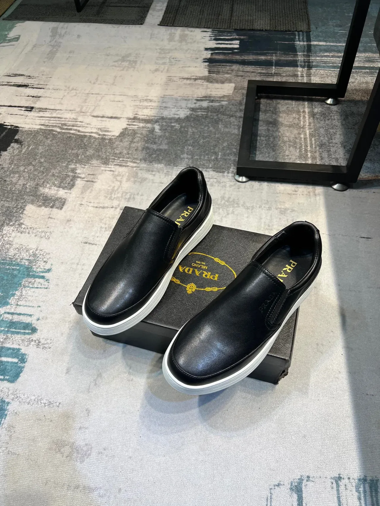 Prada Black White Leather Slip-On Embossed Logo Loafer 6