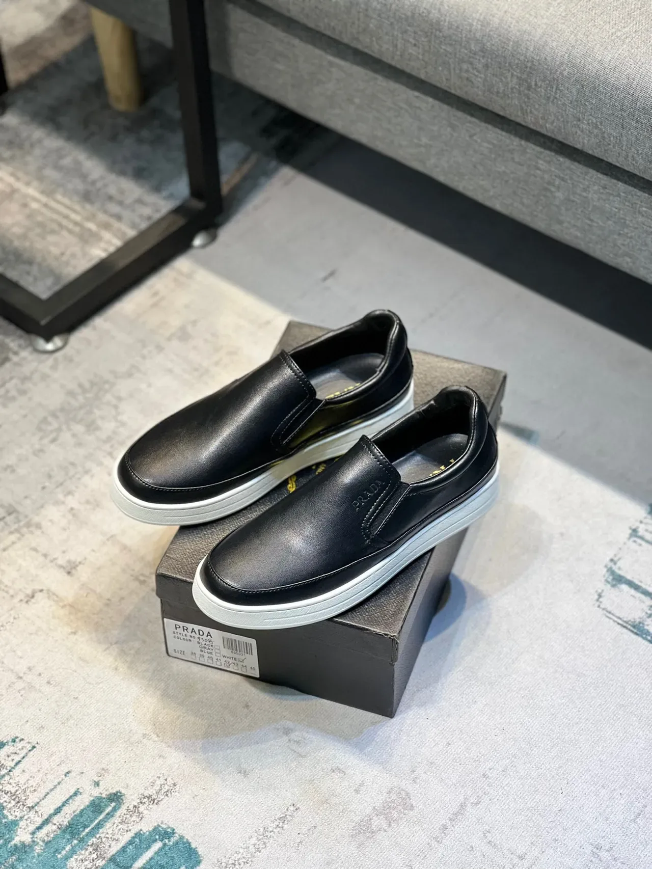 Prada Black White Leather Slip-On Embossed Logo Loafer 7