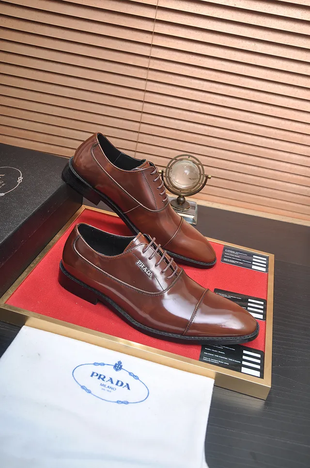 Prada Brown Black Polished Leather Cap Toe Oxford Shoes 4