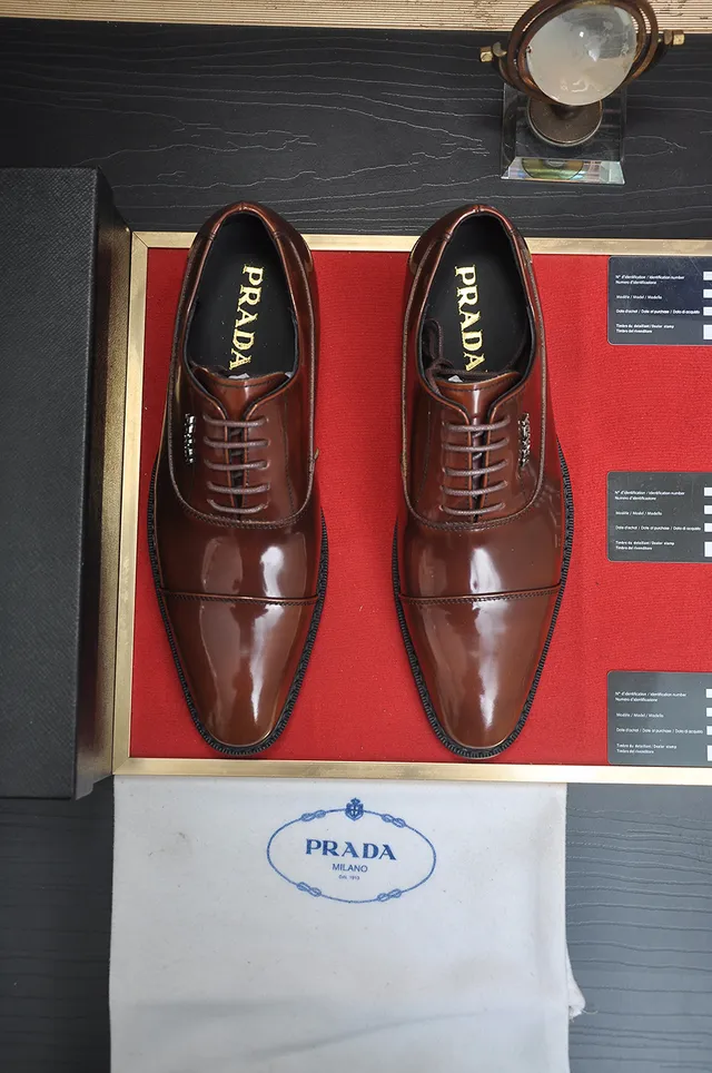 Prada Brown Black Polished Leather Cap Toe Oxford Shoes 5