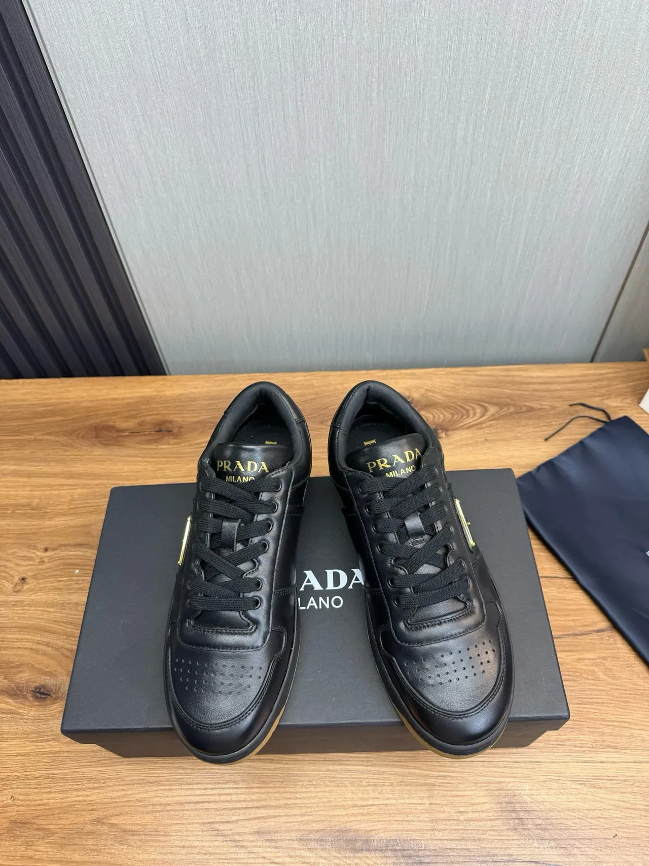 Prada Cloudbust Black Gold Leather Upper Perforated Toe Cap Lifestyle Sneakers 2
