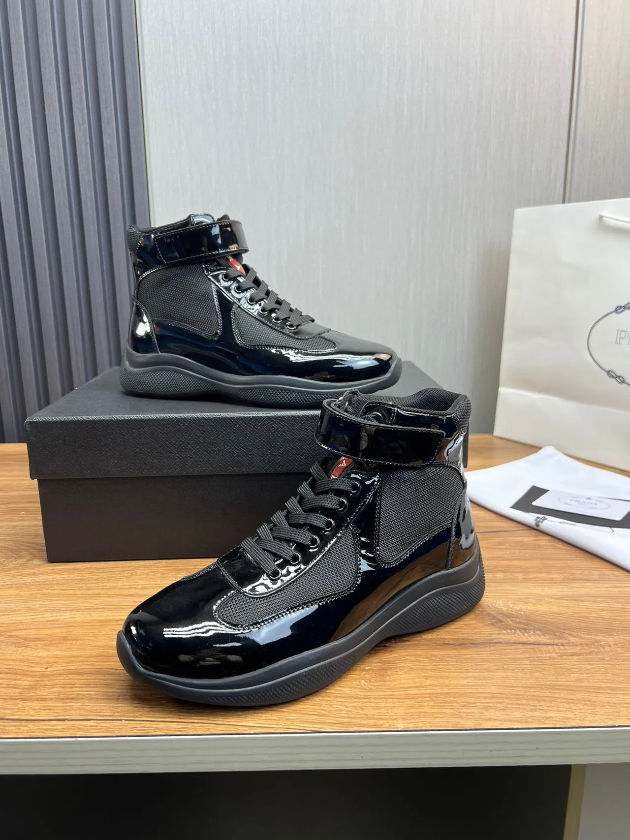Prada Cloudbust Black Patent Leather Mesh High-Top Lifestyle Sneaker 7