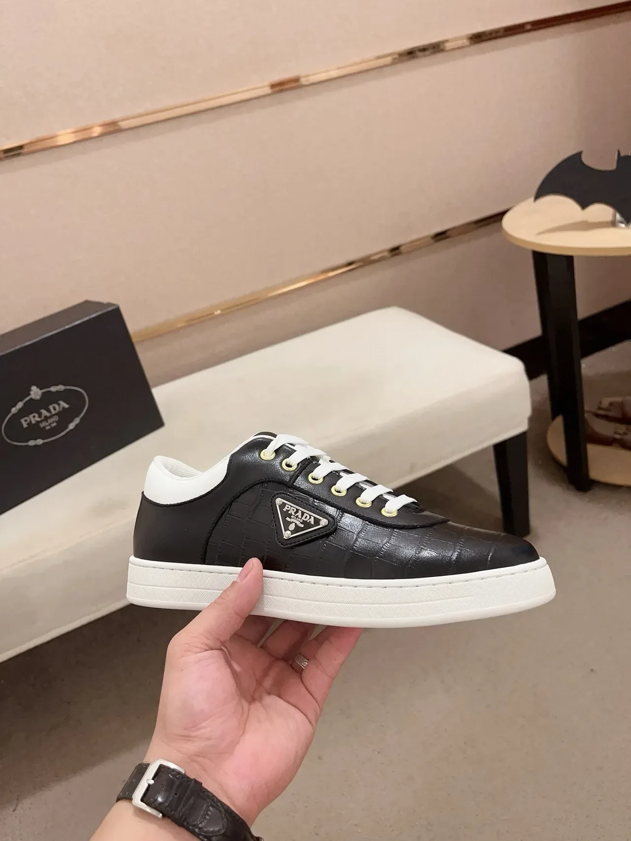 Prada Cloudbust Black White Croc-Embossed Leather Rubber Sole Lifestyle Sneakers 4