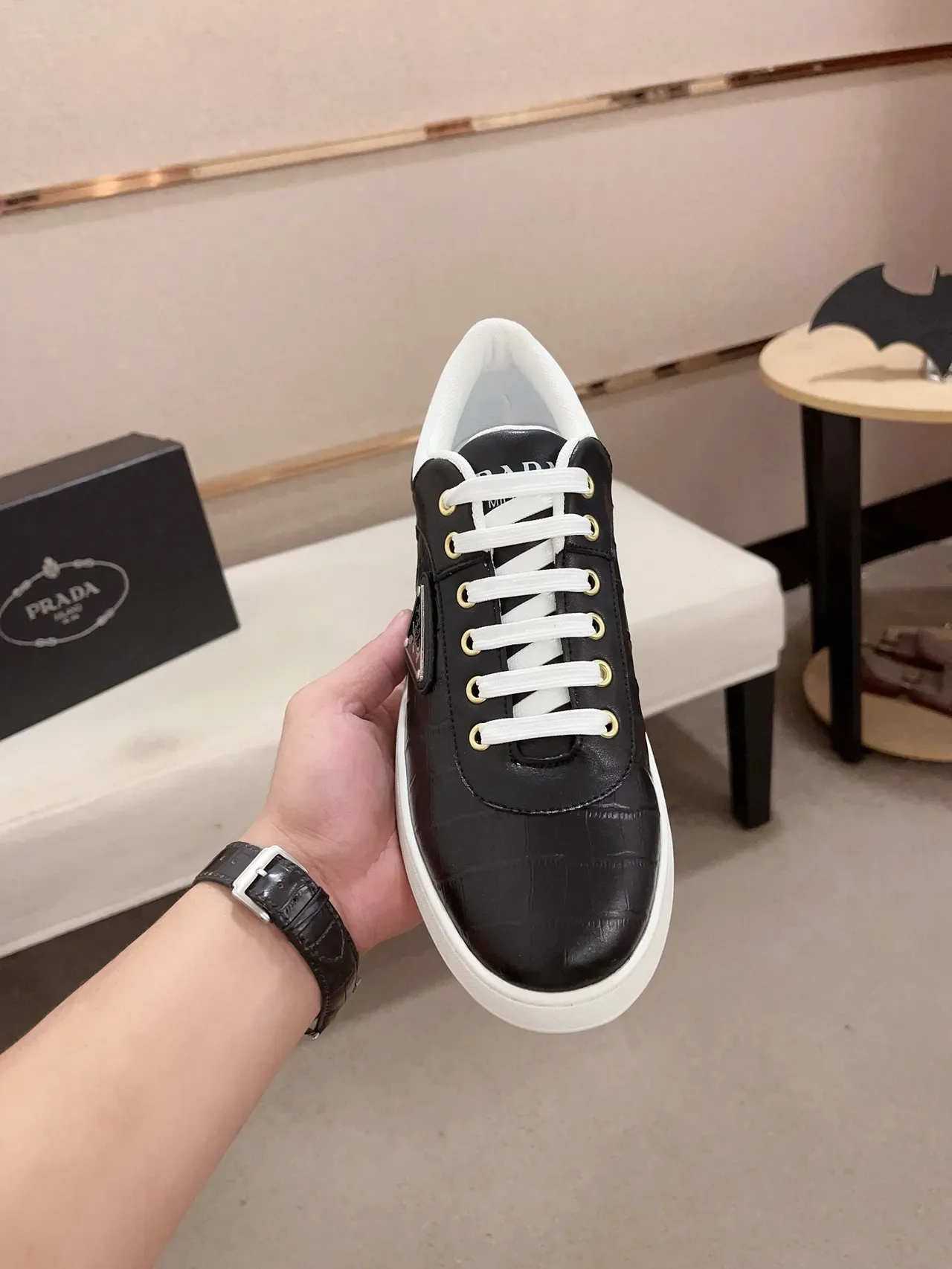 Prada Cloudbust Black White Croc-Embossed Leather Rubber Sole Lifestyle Sneakers 5