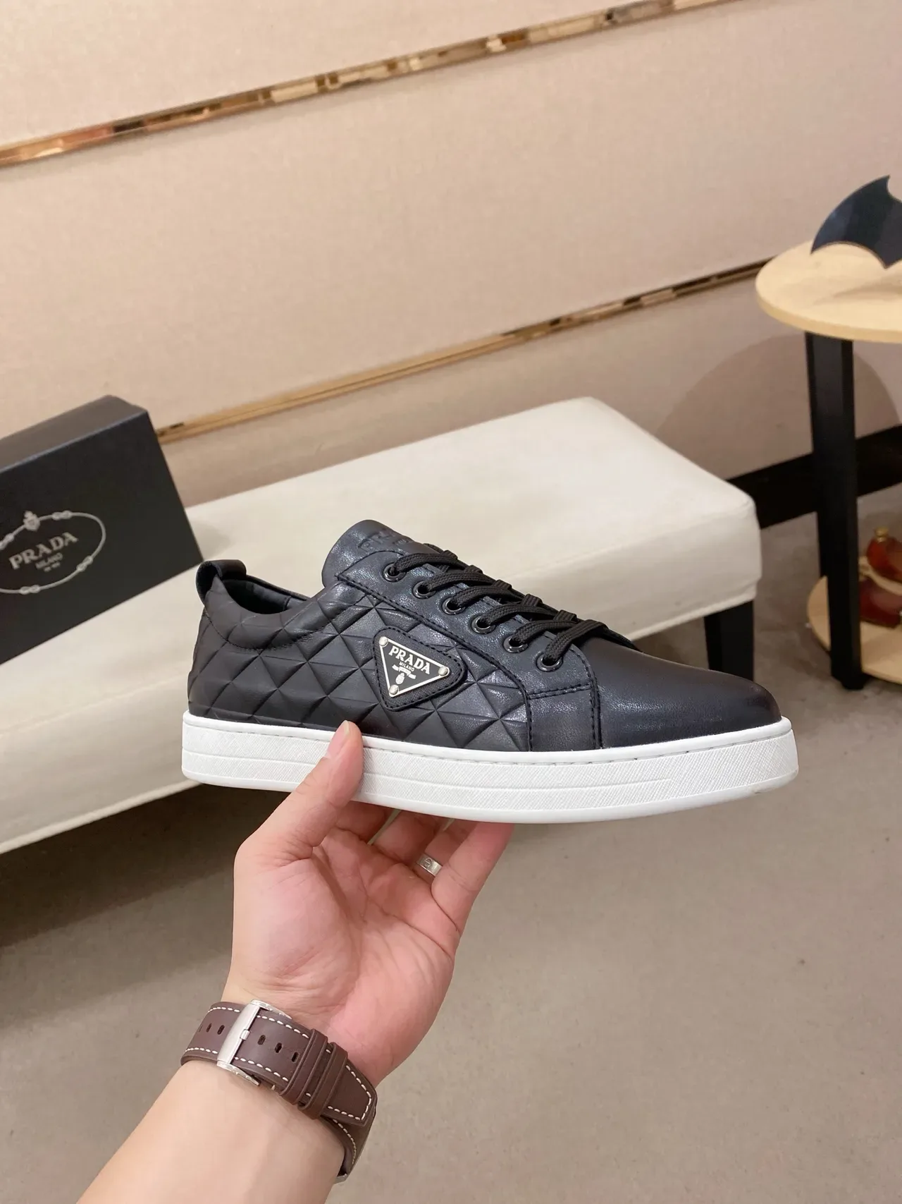Prada Cloudbust Black White Quilted Leather Upper Triangular Logo Plaque Lifestyle Sneakers 5