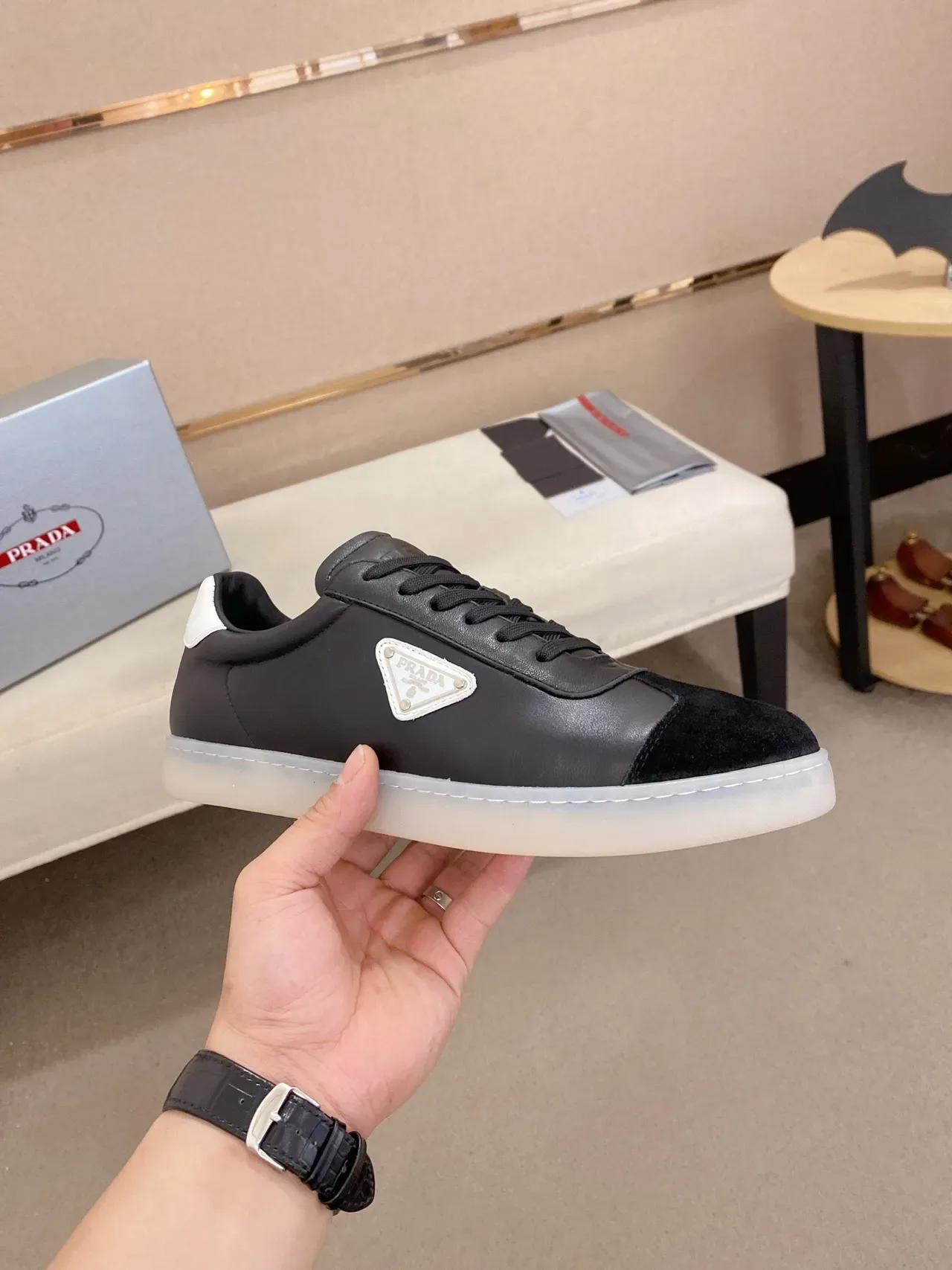 Prada Cloudbust Black White Two-Tone Leather And Suede Paneling Lifestyle Sneakers 4