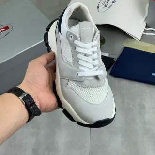 Prada Cloudbust Gray White Layered Suede And Mesh Upper Triangular Logo Patch Chunky Sneakers