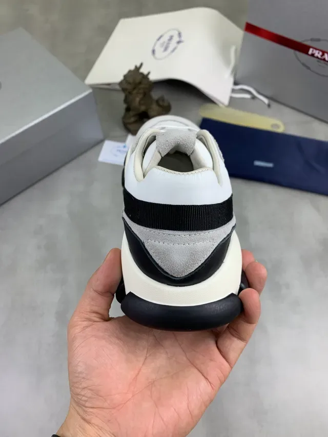 Prada Cloudbust Gray White Layered Suede And Mesh Upper Triangular Logo Patch Chunky Sneakers 3