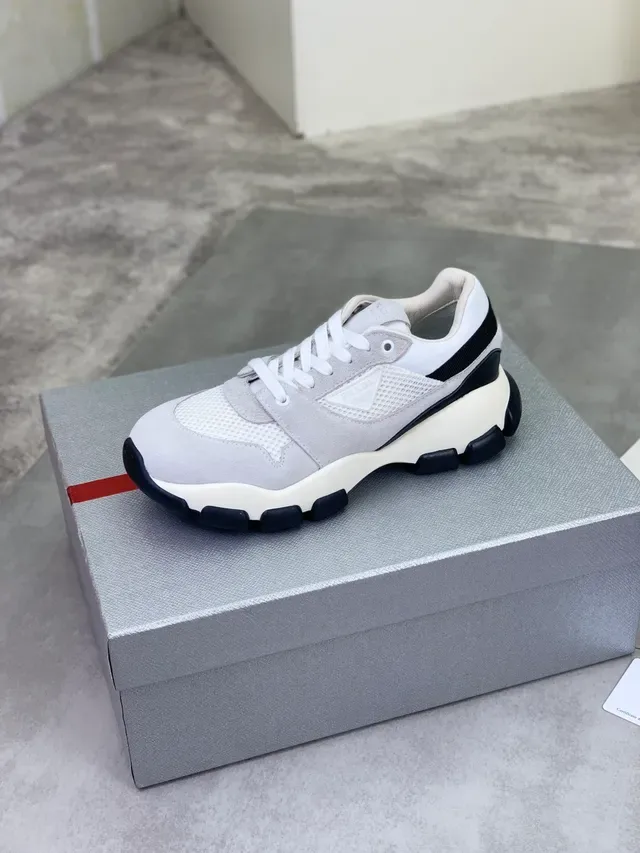 Prada Cloudbust Gray White Layered Suede And Mesh Upper Triangular Logo Patch Chunky Sneakers 4