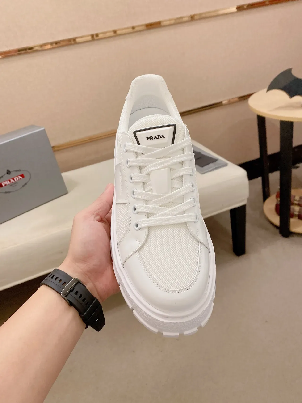 Prada Cloudbust White Platform Sole Glossy Patent Toe Cap Chunky Sneakers 5