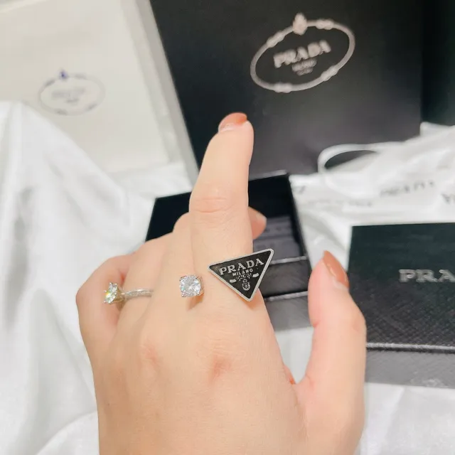 Prada Triangle Logo Enamel and Crystal Open-Band Rings 3