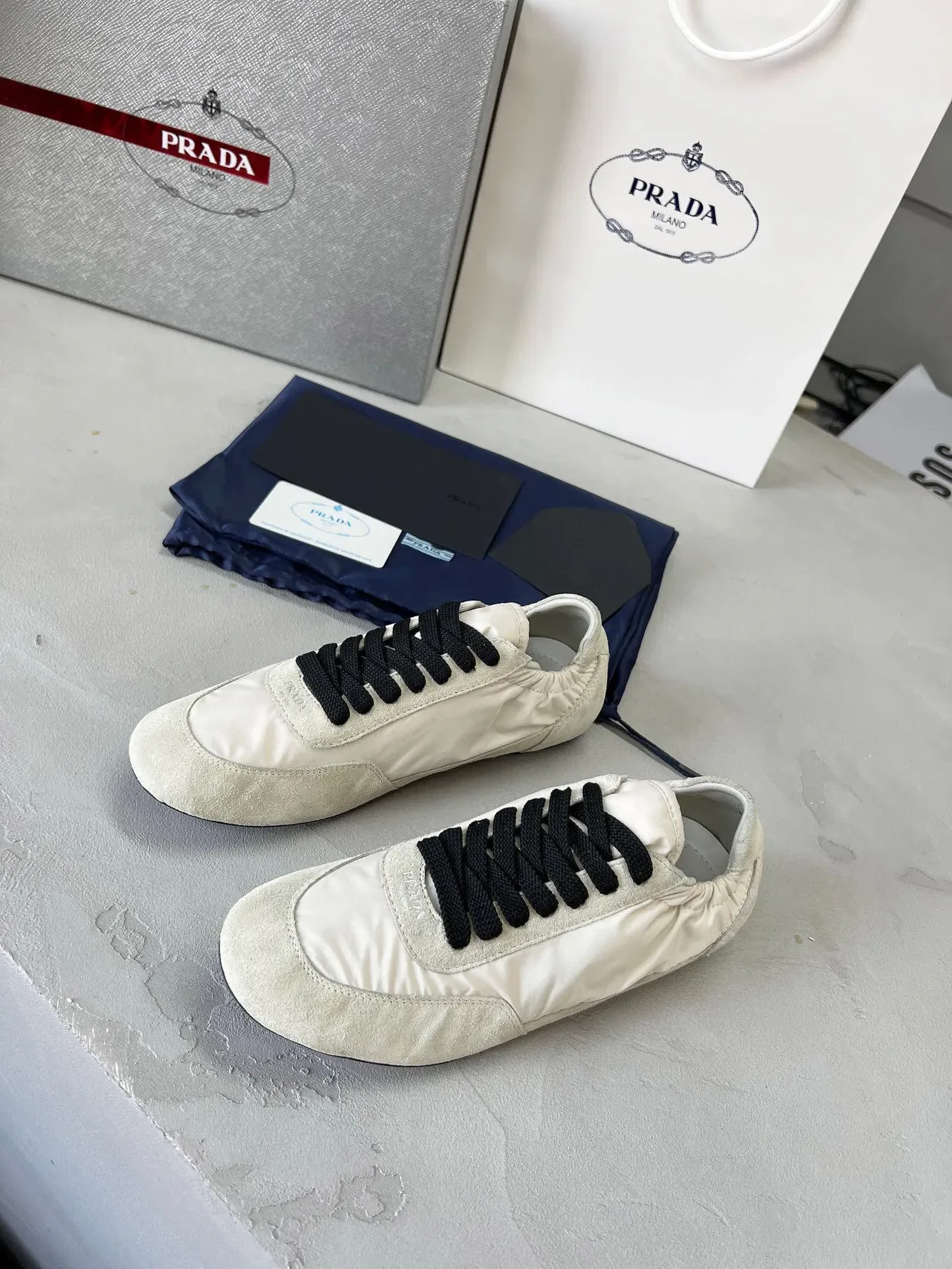 Prada White Black Low-Top Elasticated Collar Lifestyle Sneakers 2
