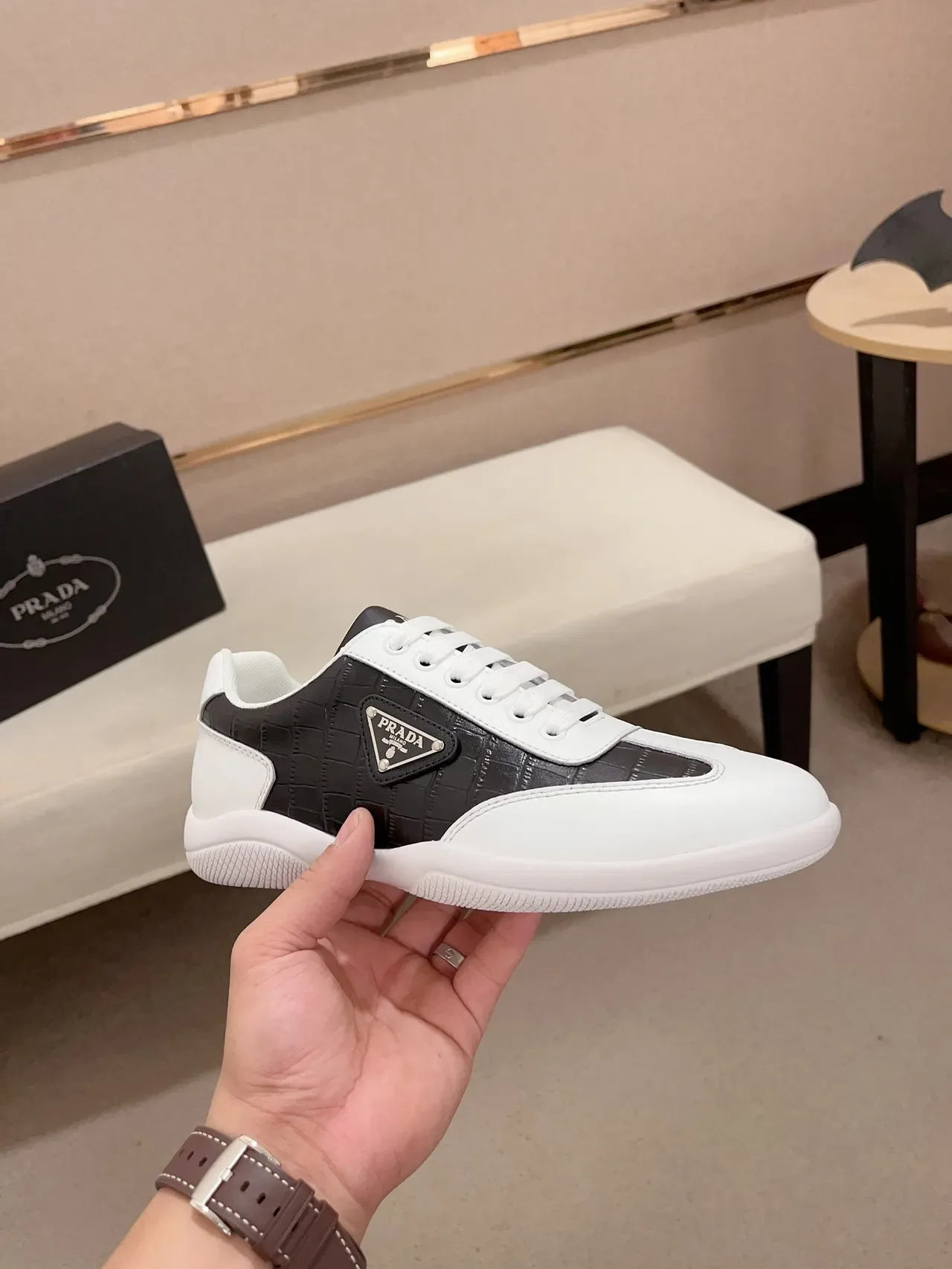 Prada White Black Low-Top Mixed-Material Lifestyle Sneakers 4