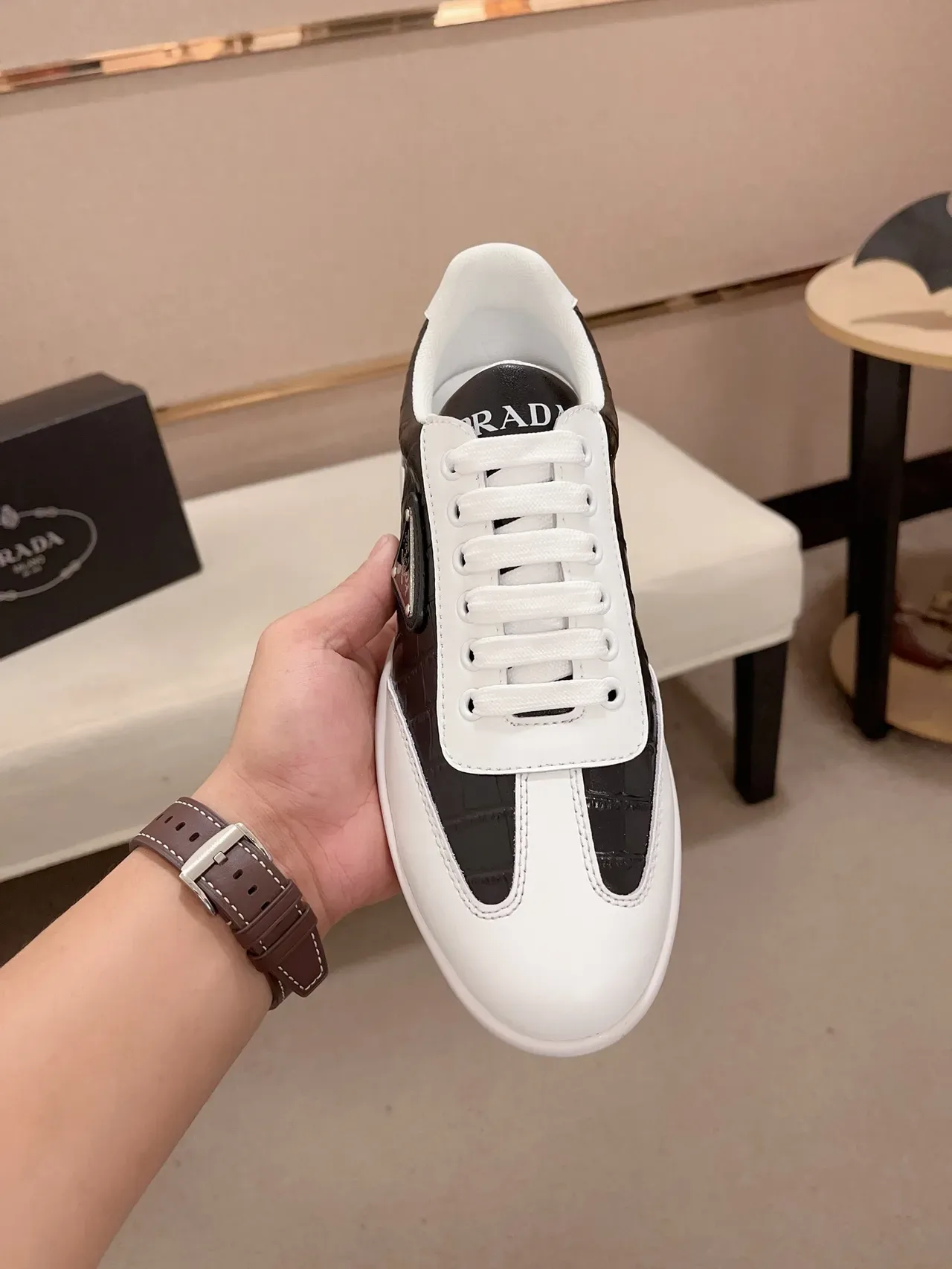 Prada White Black Low-Top Mixed-Material Lifestyle Sneakers 5