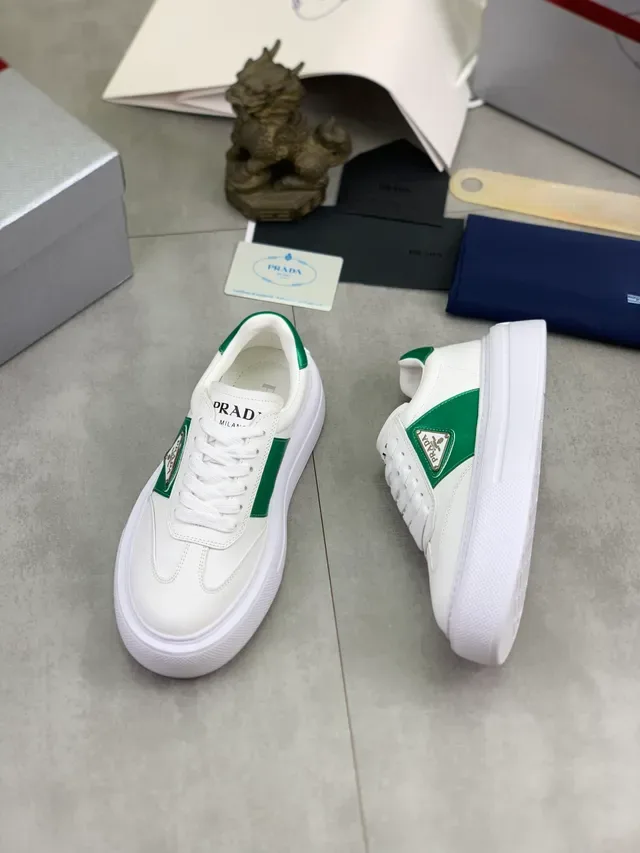 Prada White Green Leather Upper Side Panel Lifestyle Sneakers 5