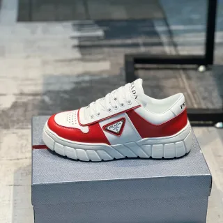 Prada White Red Ridged Sole Perforated Toe Cap Chunky Sneakers