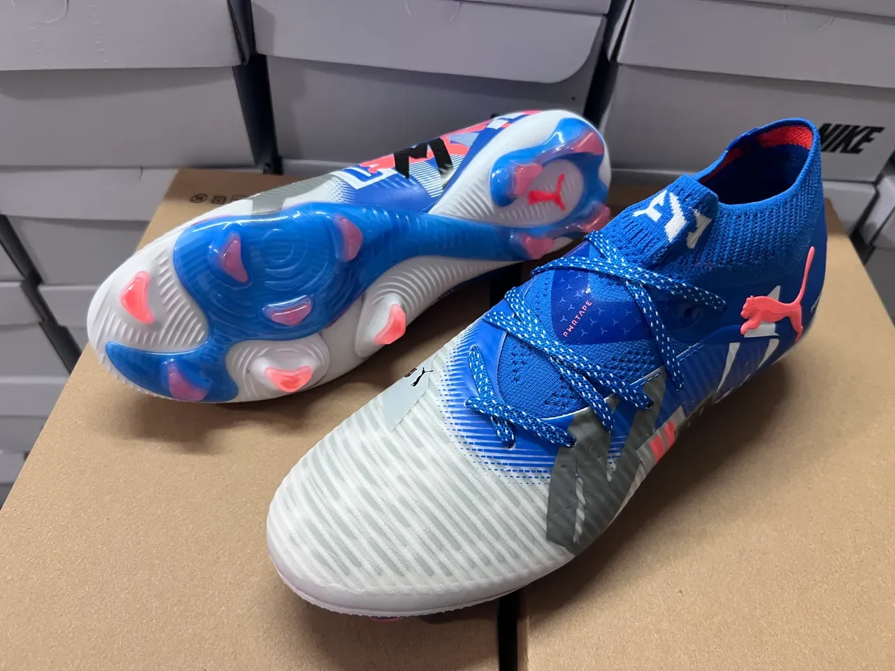 Puma Blue White Knit Sock-Fit Collar Asymmetrical Lacing System Firm-Ground Soccer Shoes 3