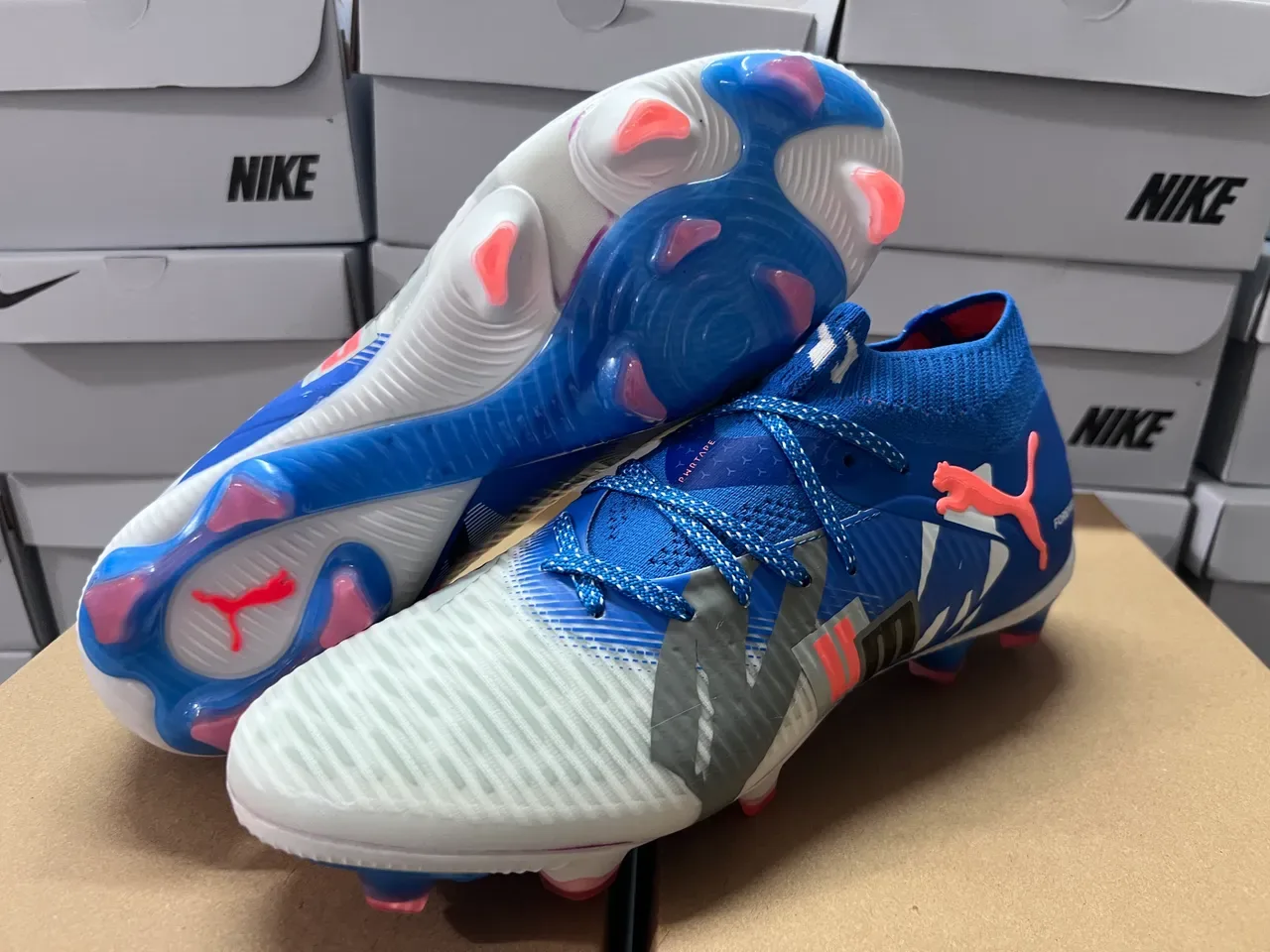 Puma Blue White Knit Sock-Fit Collar Asymmetrical Lacing System Firm-Ground Soccer Shoes 4