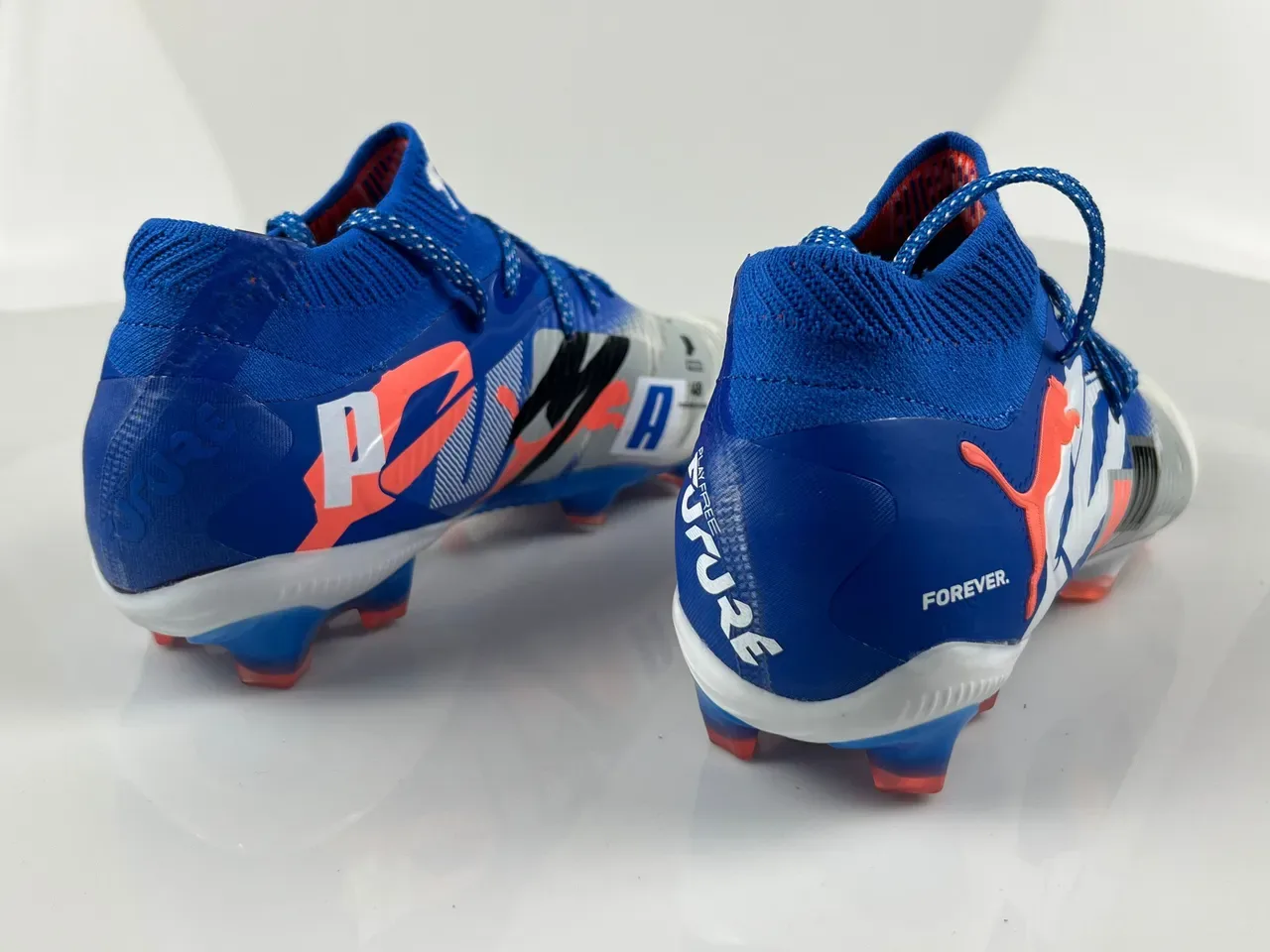 Puma Blue White Knit Sock-Fit Collar Asymmetrical Lacing System Firm-Ground Soccer Shoes 10