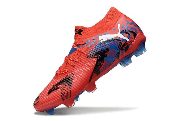 Puma Red Blue Low-Cut Sock-Fit Collar Ribbed Synthetic Forefoot Cage Firm-Ground Soccer Shoes 3