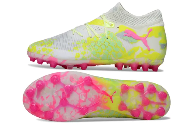 Puma Zapatos de fútbol blancos y rosados de bajo corte con cuello de punto y cordones asimétricos cubiertos para terreno firme 6