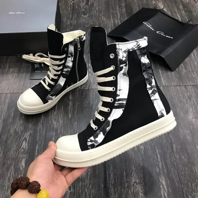 Rick Owens DRKSHDW Black White High-Top Platform Asymmetrical Paneling Ankle Boots 4