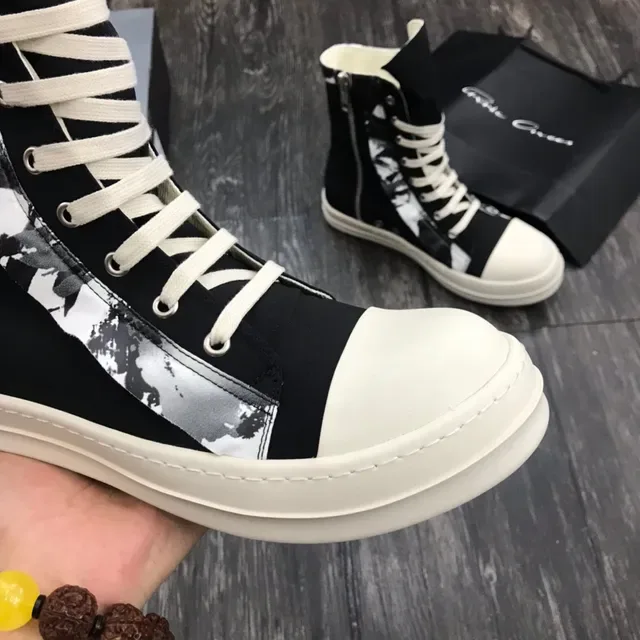Rick Owens DRKSHDW Black White High-Top Platform Asymmetrical Paneling Ankle Boots 6