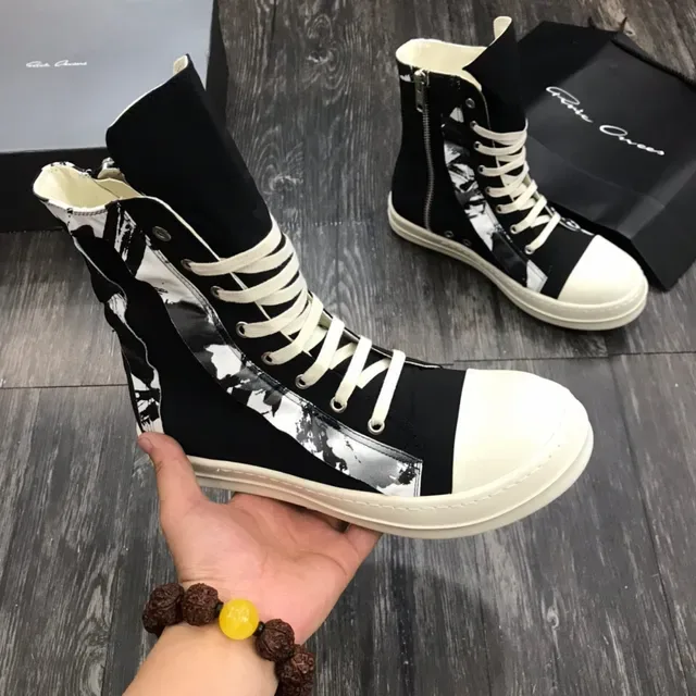 Rick Owens DRKSHDW Black White High-Top Platform Asymmetrical Paneling Ankle Boots 7