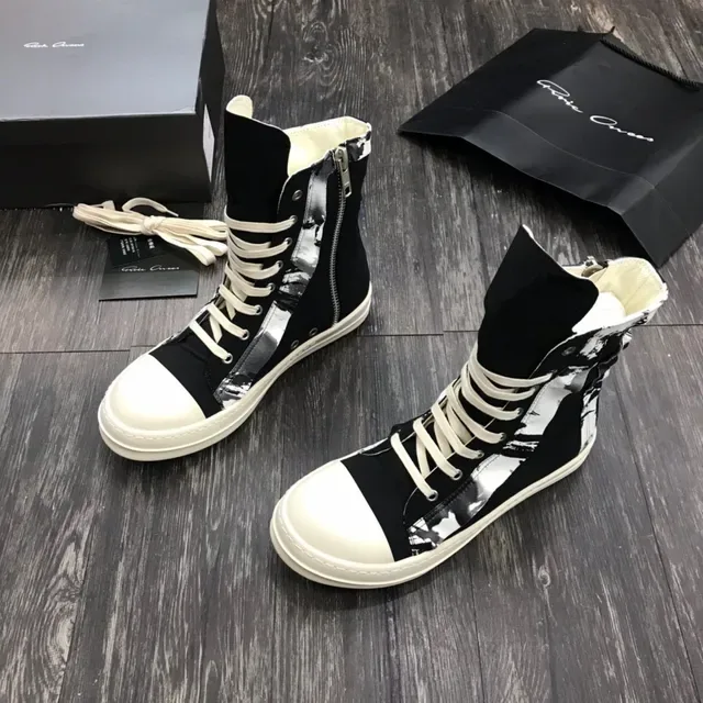 Rick Owens DRKSHDW Black White High-Top Platform Asymmetrical Paneling Ankle Boots 8