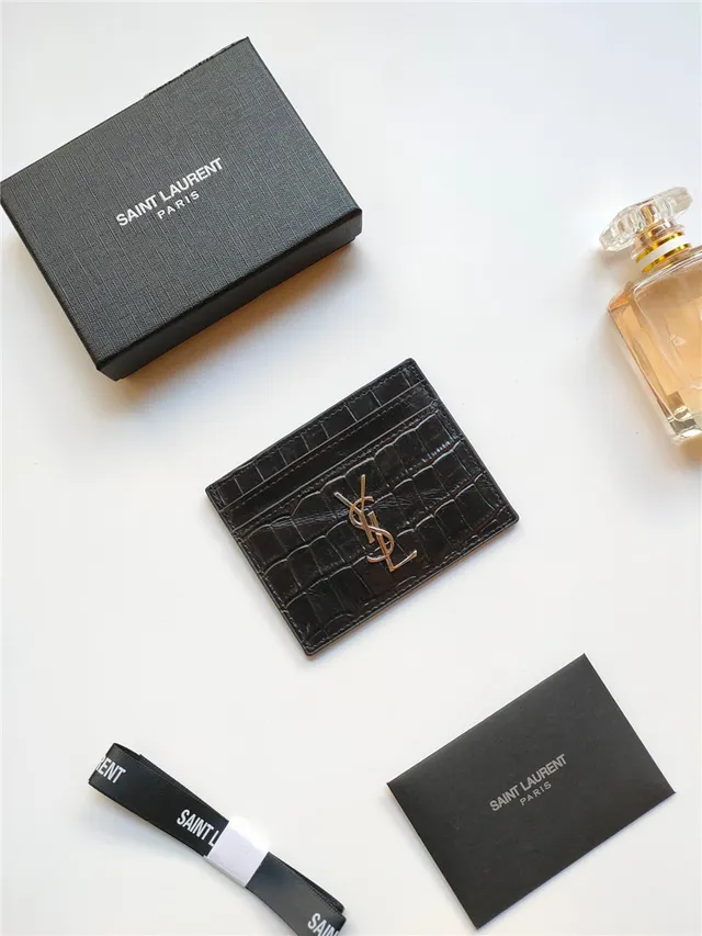 Saint Laurent काला स्वर्ण क्रोकोडाइल एमबॉस्ड चमड़ा YSL Monogram कार्ड होल्डर 7