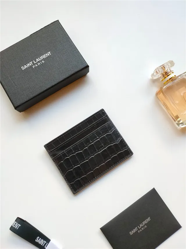 Saint Laurent काला स्वर्ण क्रोकोडाइल एमबॉस्ड चमड़ा YSL Monogram कार्ड होल्डर 11