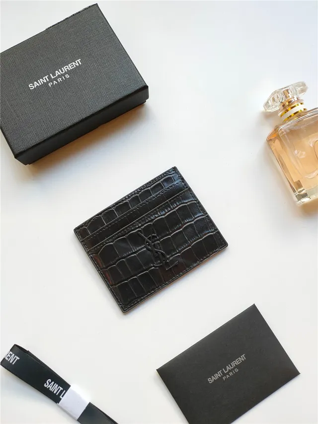 Saint Laurent काला स्वर्ण क्रोकोडाइल एमबॉस्ड चमड़ा YSL Monogram कार्ड होल्डर 13
