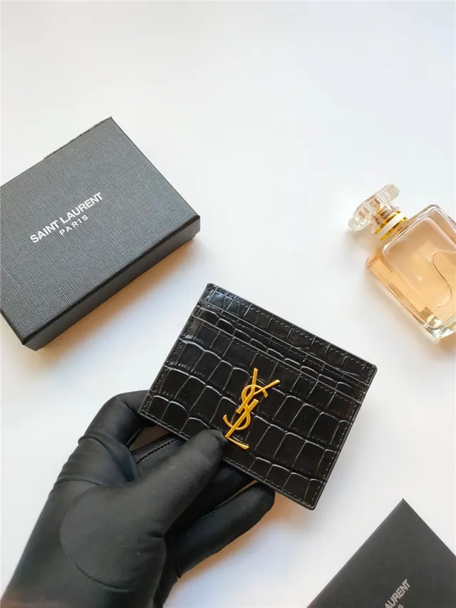 Saint Laurent काला स्वर्ण क्रोकोडाइल एमबॉस्ड चमड़ा YSL Monogram कार्ड होल्डर 16