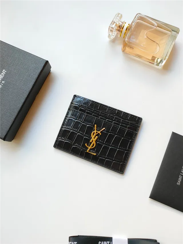 Saint Laurent काला स्वर्ण क्रोकोडाइल एमबॉस्ड चमड़ा YSL Monogram कार्ड होल्डर 18