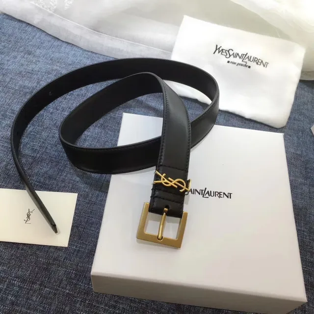 Saint Laurent Cinturón Clásico con Monograma Negro Oro Hebilla Granulada Cuero 5
