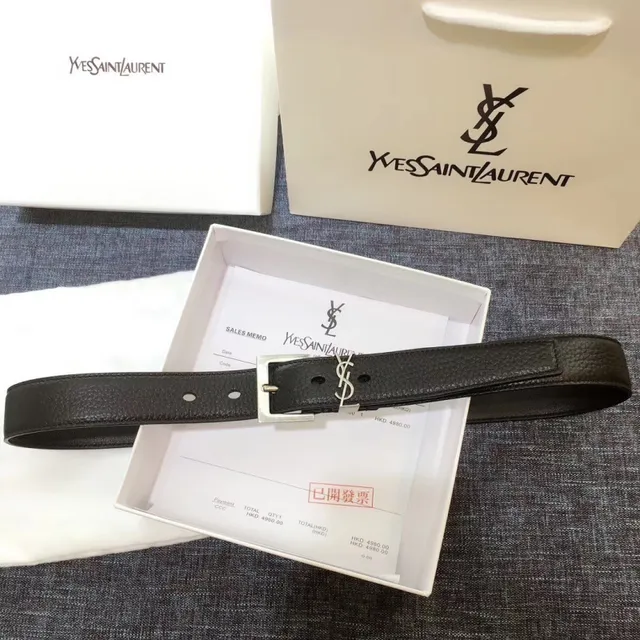 Saint Laurent Cinturón Clásico con Monograma Negro Oro Hebilla Granulada Cuero 13