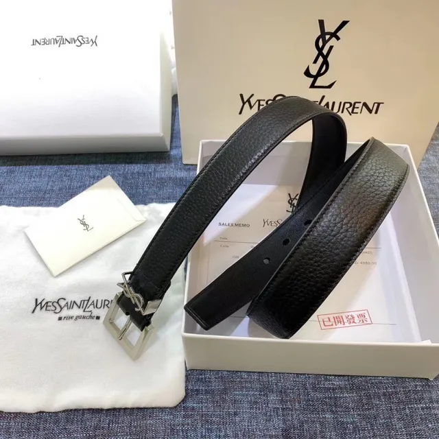 Saint Laurent Cinturón Clásico con Monograma Negro Oro Hebilla Granulada Cuero 14