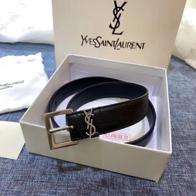 Saint Laurent Cinturón Clásico con Monograma Negro Oro Hebilla Granulada Cuero 15