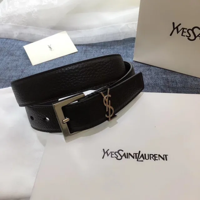 Saint Laurent Cinturón Clásico con Monograma Negro Oro Hebilla Granulada Cuero 16