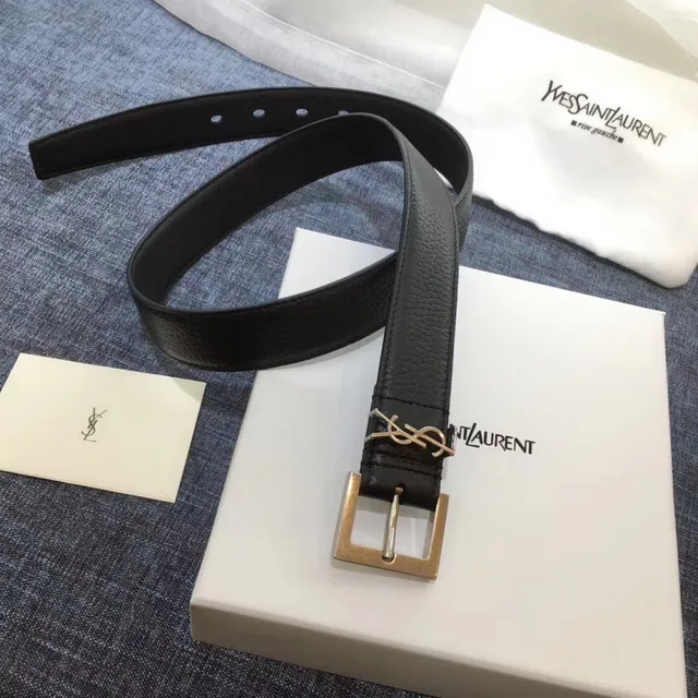 Saint Laurent Cinturón Clásico con Monograma Negro Oro Hebilla Granulada Cuero 17