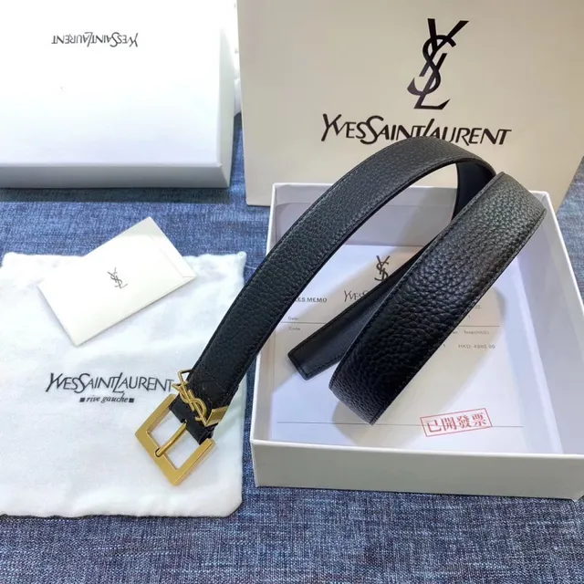 Saint Laurent Cinturón Clásico con Monograma Negro Oro Hebilla Granulada Cuero 20