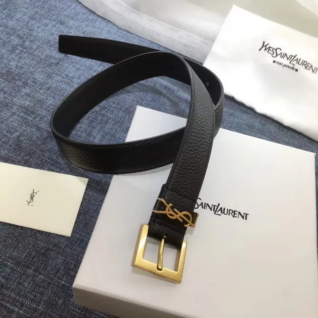 Saint Laurent Cinturón Clásico con Monograma Negro Oro Hebilla Granulada Cuero 21
