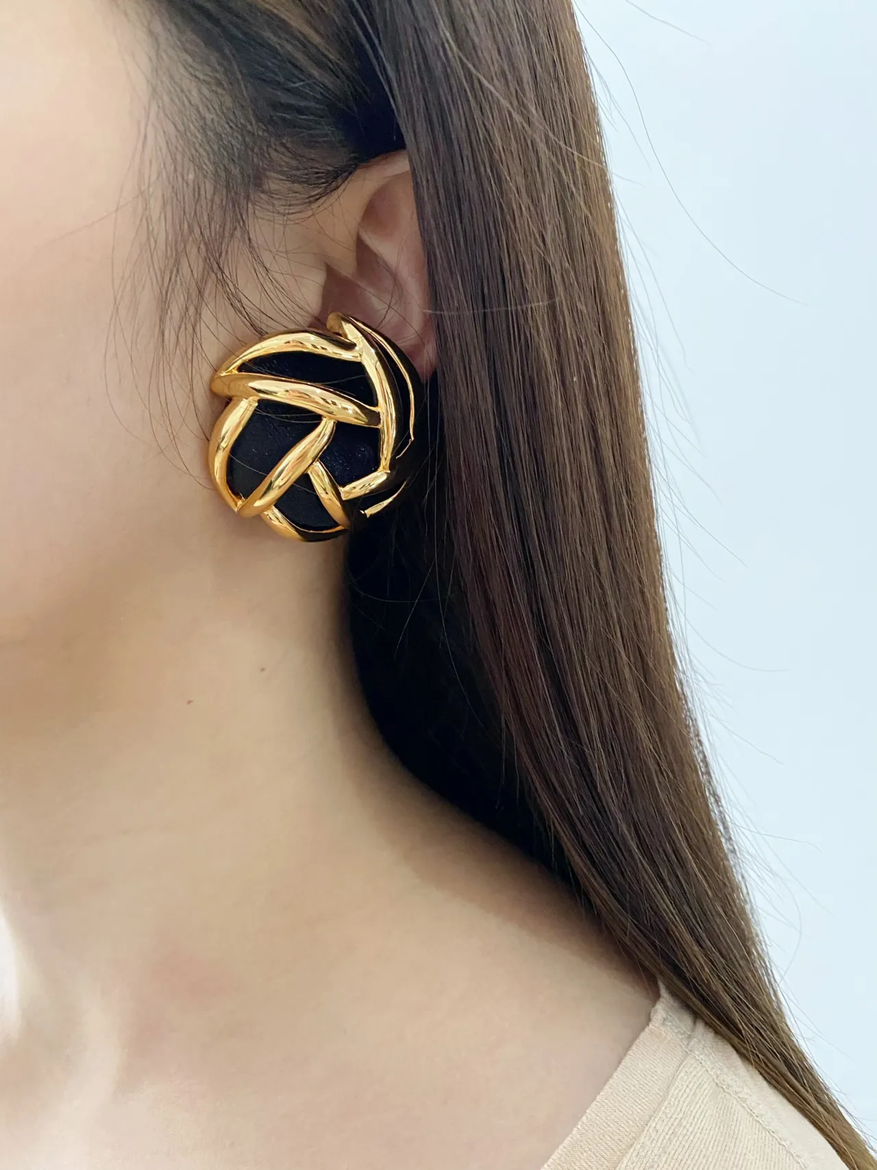 Saint Laurent Gold Black Interwoven Knot Motif Polished Metal Earrings 3